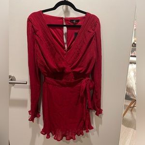 Lulus Red Pleated Long Sleeve Skort Romper, size M
